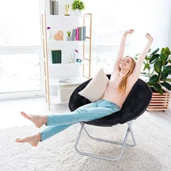 ZenStyle Faux Fur Saucer Chair, Folding Chair Soft Lounge Chair, Portable Moon Chair For Bedroom, Dorm Rooms, Apartments, Lounging, Garden And Courtyard, Black