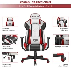 Homall Gaming Chair Racing Style High-Back PU Leather Office Chair Computer Desk Chair Executive And Ergonomic Swivel Chair With Headrest And Lumbar Support (White/Red) -Amazon Basics Furniture Shop 511qQmSBG7L