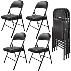 SKONYON Padded Seat Folding Chair Metal Frame Folding Chairs For Home Office, Double Braced, 4 Pack, Black