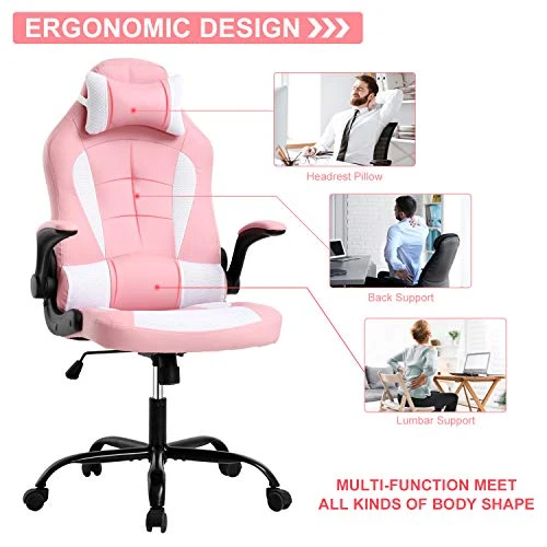 Pink Gaming Chair For Adults Ergonomic Computer Chair W/Flip Up Armrest & Lumbar Support Adjustable Office Gamer Chair 360° Swivel Seat And Headrest 3 Pink Gaming Chair For Adults Ergonomic Computer Chair W/Flip Up Armrest & Lumbar Support Adjustable Office Gamer Chair 360° Swivel Seat And Headrest - Image 3