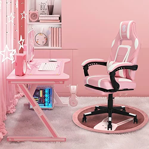 REFICCER Massage Gaming Chair High Back PU Leather PC Racing Computer Desk Office Swivel Recliner With Retractable Footrest And Adjustable Lumbar Support, Pink And White 2 REFICCER Massage Gaming Chair High Back PU Leather PC Racing Computer Desk Office Swivel Recliner With Retractable Footrest And Adjustable Lumbar Support, Pink And White - Image 2