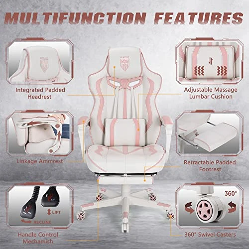 Vonesse Pink Gaming Chair PC Game Chair For Girls Racing Style Reclining Computer Chair With Footrest Office Swivel Ergonomic Gaming Computer Chair With Massage High Back Gaming Chairs For Adults 3 Vonesse Pink Gaming Chair PC Game Chair For Girls Racing Style Reclining Computer Chair With Footrest Office Swivel Ergonomic Gaming Computer Chair With Massage High Back Gaming Chairs For Adults - Image 3