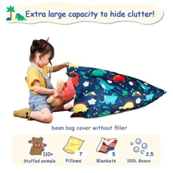 Jorbest Stuffed Animal Storage Bean Bag Chair For Kids And Adults, Bean Bag Stuffed Animal Storage, Dinosaur Bean Bag Chair Cover For Kids, Dinosaur Bean Bag - Cover ONLY (200L/52 Gal)