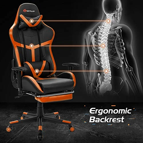 Goplus Gaming Chair, Massage Office Chair Computer Gaming Racing Chair, High Back PU Leather Adjustable Ergonomic Reclining PC Game Chair, Rolling Swivel Executive Chair With Footrest (Orange) 4 Goplus Gaming Chair, Massage Office Chair Computer Gaming Racing Chair, High Back PU Leather Adjustable Ergonomic Reclining PC Game Chair, Rolling Swivel Executive Chair With Footrest (Orange) - Image 4