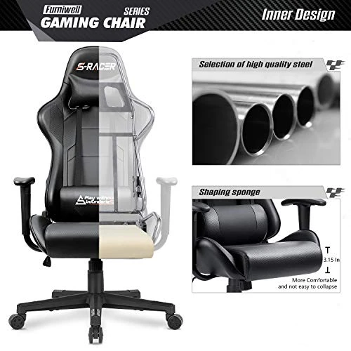 Furniwell Gaming Chair Racing Computer Chair Office Desk Chair Adjustable Swivel High Back Carbon Fiber Style Leather Executive Ergonomic Chair With Headrest And Lumbar Support (Black) 6 Furniwell Gaming Chair Racing Computer Chair Office Desk Chair Adjustable Swivel High Back Carbon Fiber Style Leather Executive Ergonomic Chair With Headrest And Lumbar Support (Black) - Image 6
