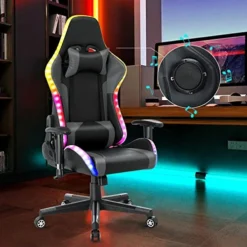 Gaming Chair With Bluetooth Speakers RGB LED Lights, Music Video Game Chair, Ergonomic PU Leather Comfortable Computer Chair, Adjustable Reclining Racing Office Swivel Chair For Adult Teens (Gray)