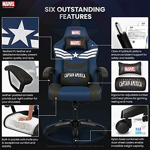 Marvel Avengers Gaming Chair Office High Back Computer PU Leather Desk Chair PC Racing Executive Ergonomic Adjustable Swivel Task Chair Headrest And Lumbar Support (Captain America, Blue) 3 Marvel Avengers Gaming Chair Office High Back Computer PU Leather Desk Chair PC Racing Executive Ergonomic Adjustable Swivel Task Chair Headrest And Lumbar Support (Captain America, Blue) - Image 3