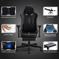 NOKAXUS Gaming Chair With Retractible Footrest Adjustment Of Backrest Thickening Sponges Swivel Office Chair With Massager Function (YK-6008A-BALCK