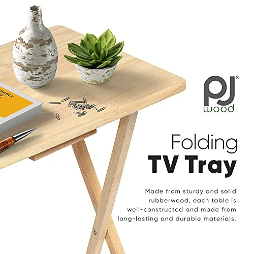 PJ Wood Folding TV Tray Table & Snack Table With Storage Rack, Natural - 5 Piece Set 2 PJ Wood Folding TV Tray Table & Snack Table With Storage Rack, Natural - 5 Piece Set - Image 2