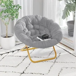 Flash Furniture Gwen Oversize Folding Saucer Chair - Gray Faux Fur Moon Chair - Soft Gold Metal Frame - 38" Portable Folding Chair - For Dorm And Bedroom