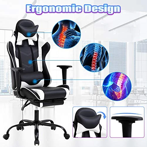 Gaming Chair High Back Computer Gaming Chair With Footrest, Ergonomic Game Chair PU Leather Racing Office Chair Adjustable Task Chair W/Headrest Armrest & Massage Function Lumbar Support-White 2 Gaming Chair High Back Computer Gaming Chair With Footrest, Ergonomic Game Chair PU Leather Racing Office Chair Adjustable Task Chair W/Headrest Armrest & Massage Function Lumbar Support-White - Image 2
