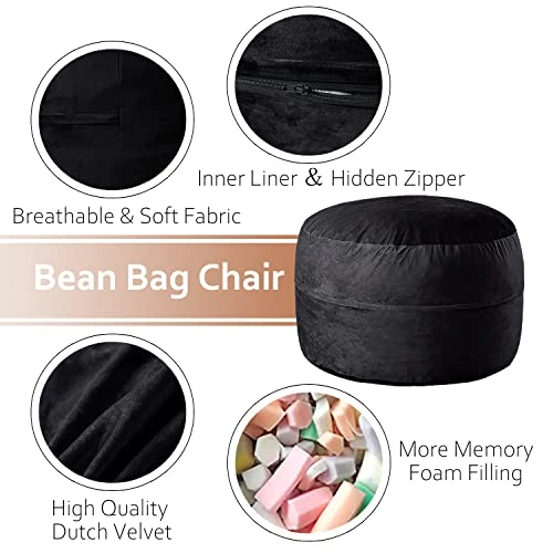 WhatsBedding Bean Bag Chairs For Adults Filled With Memory Foam, Large Bean Bag Sofa, Furniture Bag With Soft Dutch Velvet Cover,Black, 3 FT 2 WhatsBedding Bean Bag Chairs For Adults Filled With Memory Foam, Large Bean Bag Sofa, Furniture Bag With Soft Dutch Velvet Cover,Black, 3 FT - Image 2