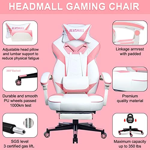HEADMALL Pink Gaming Chair With Footrest Ergonomic Oversized Manufactured By Listed Company,Video Game Chairs With Lumbar And Head Pillow, For Adults Teens Secret Lab Pink&White 2 HEADMALL Pink Gaming Chair With Footrest Ergonomic Oversized Manufactured By Listed Company,Video Game Chairs With Lumbar And Head Pillow, For Adults Teens Secret Lab Pink&White - Image 2