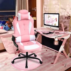 Pink Gaming Chair For Adults Ergonomic Computer Chair W/Flip Up Armrest & Lumbar Support Adjustable Office Gamer Chair 360° Swivel Seat And Headrest
