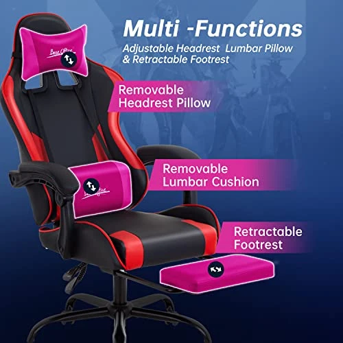 Gaming Chair Office Chair Desk Chair With Footrest Lumbar Support Headrest Armrest Task Rolling Swivel Ergonomic E-Sports Adjustable PC Gamer Chair (Red) 4 Gaming Chair Office Chair Desk Chair With Footrest Lumbar Support Headrest Armrest Task Rolling Swivel Ergonomic E-Sports Adjustable PC Gamer Chair (Red) - Image 4