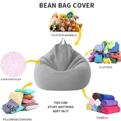 Bean Bag Chair Cover(No Bean Filling),Stuffed Animal Storage, Extra Large Lazy Sofa Bean Bag Cover, Stuffable Zipper Beanbag Covers For Adults (Grey-35.4 "x 43.3" Cover Only)