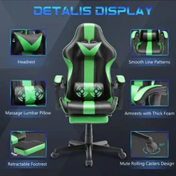 Ferghana Green Gaming Chair With Footrest, Ergonomic Gamer Chair,Office Computer Gaming Chairs,E-Sports Racing Game Chair With Lumbar Pillow And Headrest