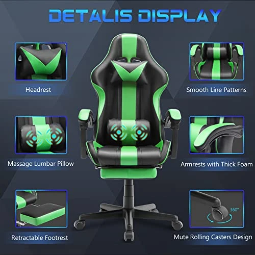 Ferghana Green Gaming Chair With Footrest, Ergonomic Gamer Chair,Office Computer Gaming Chairs,E-Sports Racing Game Chair With Lumbar Pillow And Headrest 1 Ferghana Green Gaming Chair With Footrest, Ergonomic Gamer Chair,Office Computer Gaming Chairs,E-Sports Racing Game Chair With Lumbar Pillow And Headrest