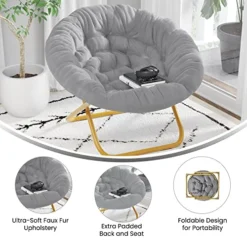 Flash Furniture Gwen Oversize Folding Saucer Chair - Gray Faux Fur Moon Chair - Soft Gold Metal Frame - 38" Portable Folding Chair - For Dorm And Bedroom -Amazon Basics Furniture Shop 51VKRKUeZfL