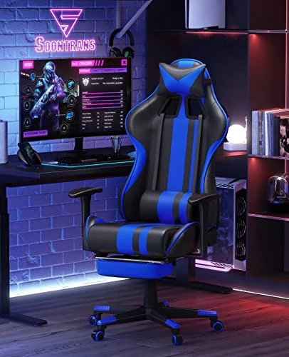 Soontrans Blue Gaming Chair With Footrest, Leather Ergonomic Gaming Chairs For Adults With Massage Lumbar Support & Headrest For Office Work, Height Adjustable Gamer Chair, Comfortable Computer Chair 2 Soontrans Blue Gaming Chair With Footrest, Leather Ergonomic Gaming Chairs For Adults With Massage Lumbar Support & Headrest For Office Work, Height Adjustable Gamer Chair, Comfortable Computer Chair - Image 2