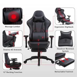 Dowinx Gaming Chair Ergonomic Racing Style Recliner With Massage Lumbar Support,4D Armrests Game Chair For Computer PU Leather With Retractable Footrest Black