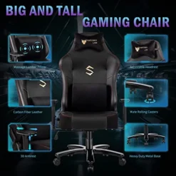Fantasylab Big And Tall 400lb Massage Memory Foam Gaming Chair - Adjustable Tilt, Back Angle And 3D Arms High-Back Leather Racing Executive Computer Desk Office Chair, Metal Base