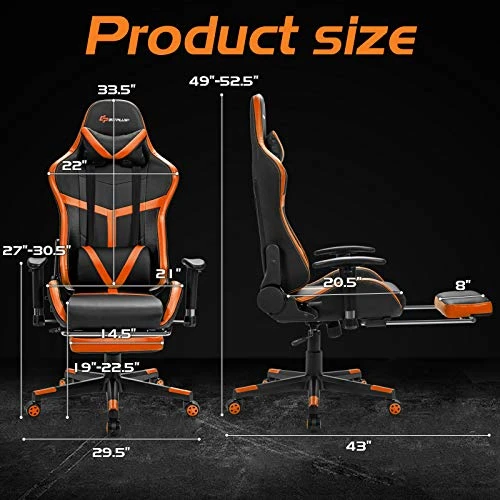 Goplus Gaming Chair, Massage Office Chair Computer Gaming Racing Chair, High Back PU Leather Adjustable Ergonomic Reclining PC Game Chair, Rolling Swivel Executive Chair With Footrest (Orange) 6 Goplus Gaming Chair, Massage Office Chair Computer Gaming Racing Chair, High Back PU Leather Adjustable Ergonomic Reclining PC Game Chair, Rolling Swivel Executive Chair With Footrest (Orange) - Image 6