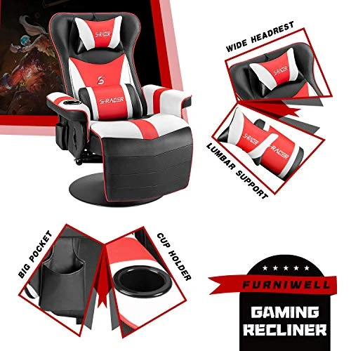 Furniwell Gaming Recliner Chair Racing Style Gaming Ergonomic High Back Computer Chair Swivel Game Reclining Chair Adjustable Backrest And Footrest W/Cup Holder (Red/White) 4 Furniwell Gaming Recliner Chair Racing Style Gaming Ergonomic High Back Computer Chair Swivel Game Reclining Chair Adjustable Backrest And Footrest W/Cup Holder (Red/White) - Image 4