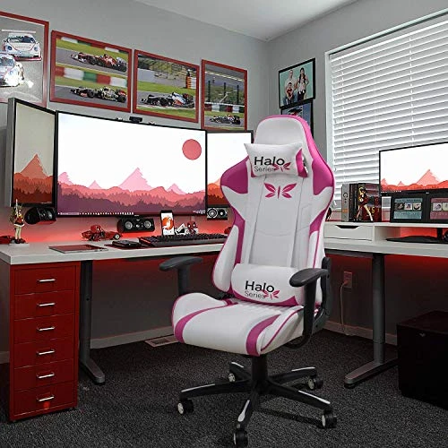 JUMMICO Pink Gaming Chair Adjustable Racing Chair Halo Series Specialty Design Ergonomic Comfortable Swivel Computer Chair With Headrest And Lumbar Support (Pink) 2 JUMMICO Pink Gaming Chair Adjustable Racing Chair Halo Series Specialty Design Ergonomic Comfortable Swivel Computer Chair With Headrest And Lumbar Support (Pink) - Image 2