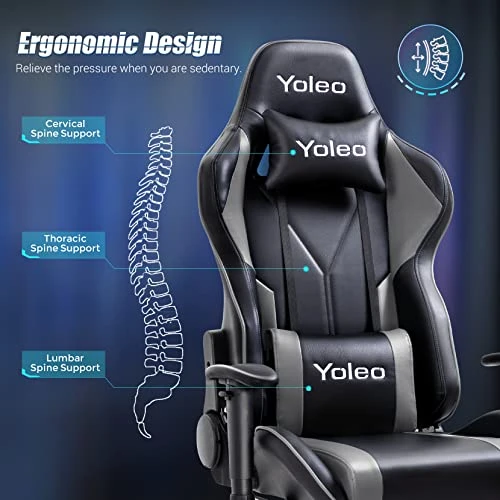 YOLEO Gaming Chair, Computer Chair With Footrest, Ergonomic Office Chair For Adults Teens, Adjustable Headrest/Lumbar Support 2D Armrest 90°-155° Tilt Angle PC Gaming Chair (300lbs), Grey/Black 3 YOLEO Gaming Chair, Computer Chair With Footrest, Ergonomic Office Chair For Adults Teens, Adjustable Headrest/Lumbar Support 2D Armrest 90°-155° Tilt Angle PC Gaming Chair (300lbs), Grey/Black - Image 3