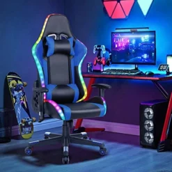 Gaming Chair With Speakers Video Game Chair With RGB Light Ergonomic Racing Office Chair PU Leather Recliner Computer Chair Swivel E-Sports Chair With Headrest Armrest Lumbar Support, Blue