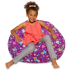 Posh Beanbags Bean Bag Chair, Large-38in, Canvas Multi-Colored Hearts On Purple