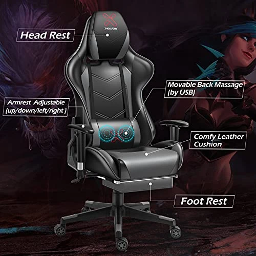 WQSLHX Gaming Chair With Massage And Footrest, Swivel Reclinable Gamer Chair With Armrest, Height Adjustable Computer Chair, Racing Style Office Game Chair For Adults, Gray 4 WQSLHX Gaming Chair With Massage And Footrest, Swivel Reclinable Gamer Chair With Armrest, Height Adjustable Computer Chair, Racing Style Office Game Chair For Adults, Gray - Image 4