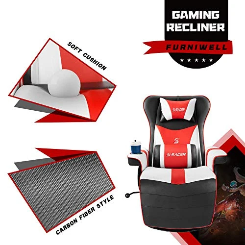 Furniwell Gaming Recliner Chair Racing Style Gaming Ergonomic High Back Computer Chair Swivel Game Reclining Chair Adjustable Backrest And Footrest W/Cup Holder (Red/White) 3 Furniwell Gaming Recliner Chair Racing Style Gaming Ergonomic High Back Computer Chair Swivel Game Reclining Chair Adjustable Backrest And Footrest W/Cup Holder (Red/White) - Image 3