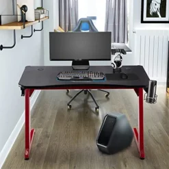 MNSSRN 47" Gaming Table, Carbon Fiber Surface Gaming Table Red Z Shape Gaming Table With Cup Holder, Headphone Hook Cable Management Gaming Table