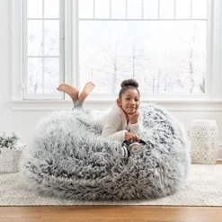 Multi Functional Fluffy Faux Furry Bean Bag Chair For Adults Teens Kids | Silver Grey Home Decor Cool Stylish Modern | Memory Foam Cushy Soft Plush Cozy Fun Comfortable Removable Cover Pouf Ottoman