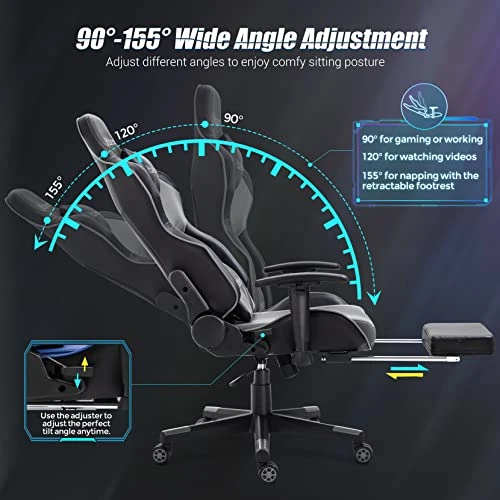 YOLEO Gaming Chair, Computer Chair With Footrest, Ergonomic Office Chair For Adults Teens, Adjustable Headrest/Lumbar Support 2D Armrest 90°-155° Tilt Angle PC Gaming Chair (300lbs), Grey/Black 4 YOLEO Gaming Chair, Computer Chair With Footrest, Ergonomic Office Chair For Adults Teens, Adjustable Headrest/Lumbar Support 2D Armrest 90°-155° Tilt Angle PC Gaming Chair (300lbs), Grey/Black - Image 4