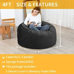4 Foot Bean Bag Chair Memory Foam Big Bean Bag For Adults Big Sofa With Fluffy Removable Microfiber Cover Black 4' -Amazon Basics Furniture Shop 51pixz5fxiL