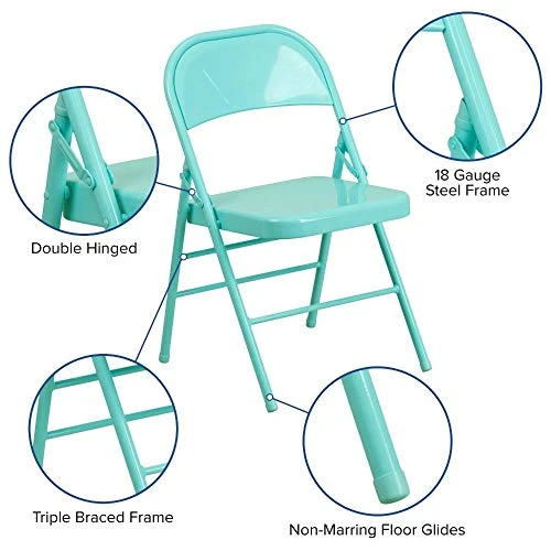 Flash Furniture 4 Pack HERCULES COLORBURST Series Tantalizing Teal Triple Braced & Double Hinged Metal Folding Chair 4 Flash Furniture 4 Pack HERCULES COLORBURST Series Tantalizing Teal Triple Braced & Double Hinged Metal Folding Chair - Image 4