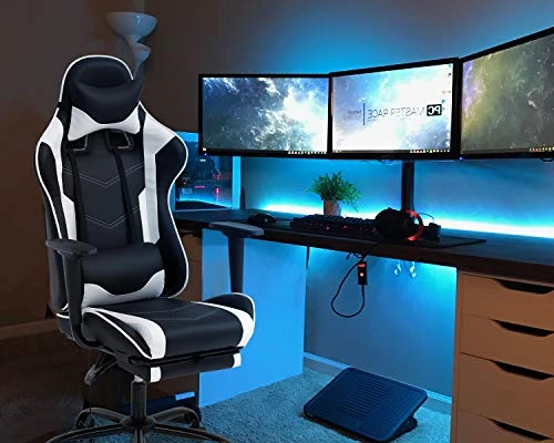 Vnewone Computer Gaming Chair Office PC Ergonomic Home Executive Desk Racing Rolling Swivel Task Adjustable High-Back PU Leather With Lumbar Support Footrest Headrest Armrest Massager, White 1 Vnewone Computer Gaming Chair Office PC Ergonomic Home Executive Desk Racing Rolling Swivel Task Adjustable High-Back PU Leather With Lumbar Support Footrest Headrest Armrest Massager, White