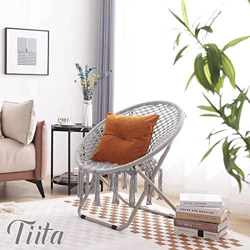 Tiita Saucer Chair, Round Cozy Chairs With Folding Metal Frame, Handmade Knitted Mesh, Comfy Moon Chair For Bedroom, Living Room Dorm Rooms, Garden And Courtyard 5 Tiita Saucer Chair, Round Cozy Chairs With Folding Metal Frame, Handmade Knitted Mesh, Comfy Moon Chair For Bedroom, Living Room Dorm Rooms, Garden And Courtyard - Image 5