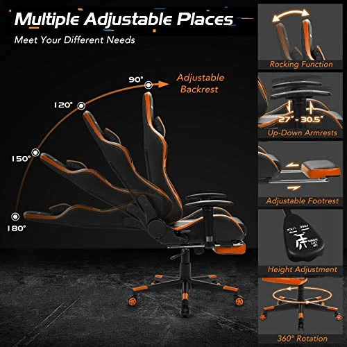 Goplus Gaming Chair, Massage Office Chair Computer Gaming Racing Chair, High Back PU Leather Adjustable Ergonomic Reclining PC Game Chair, Rolling Swivel Executive Chair With Footrest (Orange) 2 Goplus Gaming Chair, Massage Office Chair Computer Gaming Racing Chair, High Back PU Leather Adjustable Ergonomic Reclining PC Game Chair, Rolling Swivel Executive Chair With Footrest (Orange) - Image 2