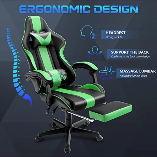Ferghana Green Gaming Chair With Footrest, Ergonomic Gamer Chair,Office Computer Gaming Chairs,E-Sports Racing Game Chair With Lumbar Pillow And Headrest 2 Ferghana Green Gaming Chair With Footrest, Ergonomic Gamer Chair,Office Computer Gaming Chairs,E-Sports Racing Game Chair With Lumbar Pillow And Headrest - Image 2