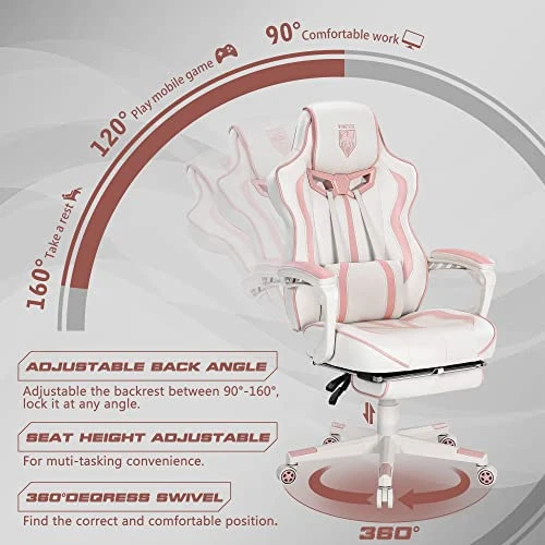 Vonesse Pink Gaming Chair PC Game Chair For Girls Racing Style Reclining Computer Chair With Footrest Office Swivel Ergonomic Gaming Computer Chair With Massage High Back Gaming Chairs For Adults 2 Vonesse Pink Gaming Chair PC Game Chair For Girls Racing Style Reclining Computer Chair With Footrest Office Swivel Ergonomic Gaming Computer Chair With Massage High Back Gaming Chairs For Adults - Image 2