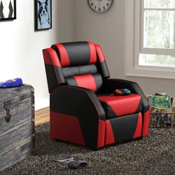 Amazon Basics Kids/Youth Gaming Recliner With Headrest And Back Pillow, Ages 3+, Black/Red