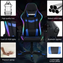 LED Computer Gaming Chair With Bluetooth Speakers And RGB Lights, Ergonomic Gamers Chair, Office Chair For Adults, Video Gaming Chair For Gift (Blue)