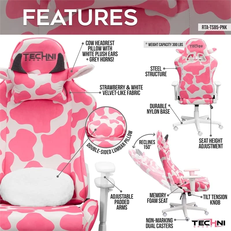 Techni Sport 19.75" Modern Fabric Gaming Chair In Pink/White 2 Techni Sport 19.75" Modern Fabric Gaming Chair In Pink/White - Image 2